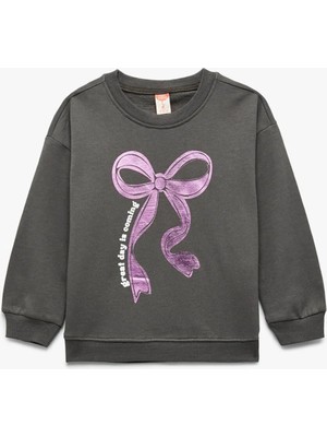 Koton Şardonlu Bisiklet Yaka Fiyonk Baskılı Antrasit Kız Bebek Sweatshirt 6WMG10102AK