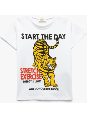 Koton Pamuklu Kaplan Baskılı Bisiklet Yaka Kısa Kollu Beyaz Erkek Çocuk T-Shirt 5SKB10314TK