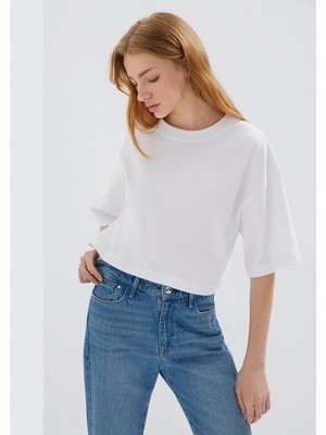 Mavi Beyaz Crop Basic Tişört 1612377-620