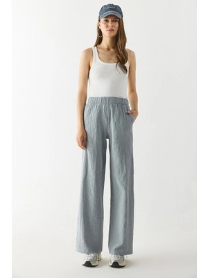 Beli Lastikli Pamuklu Krinkle Pantolon-Gri