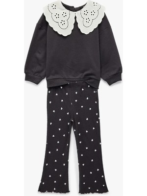 Koton Brodeli Bebe Yaka Uzun Kollu Pamuklu 2'li Sweatshirt Pantolon Takım