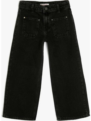 Koton Kız Çocuk Giyim Kot Pantolon Siyah Geniş Paça 7-8 Yaş Pamuklu Rahat Kesim Model 4SKG40080AD