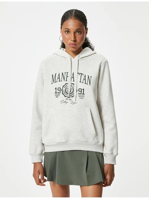 Koton Oversize Sweatshirt Kapüşonlu Kolej Baskılı Kanguru Cepli Şardonlu