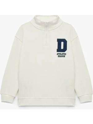 Pamuklu Dik Yaka Uzun Kollu Nakışlı Yarım Fermuarlı Sweatshirt