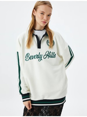 Polo Yaka Sweatshirt Oversize Kolej Işlemeli - Koton - 5WAL10211IK - Ekru - S