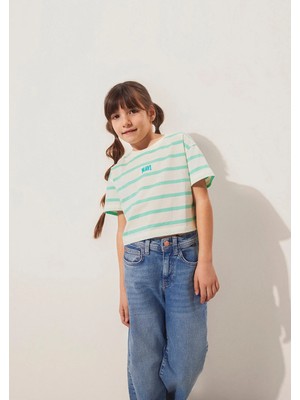 Mavi Mavi Logo Baskılı Yeşil Çizgili Crop Tişört 7610182-88145