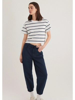 Mavi Lacivert Çizgili Crop Tişört 1612260-86694