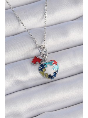 Renas Store 316L Çelik Gümüş Renk Yapboz Motif Figür Charm Model Kadın Kolye