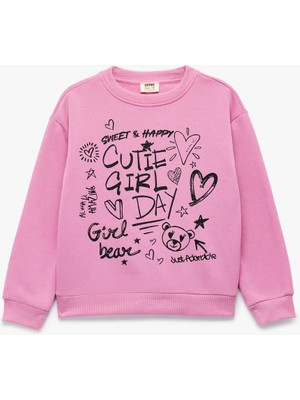Koton Bisiklet Yaka Şardonlu Baskılı Pembe Kız Çocuk Sweatshirt 6WKG10108AK