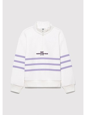 Mavi Yarı Fermuarlı Çizgili Beyaz SWEATSHIRT7S10065-70057