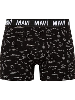 Mavi Baskılı Siyah Boxer Erkek M Beden İçin Rahat Pamuklu Desenli 1 Adet