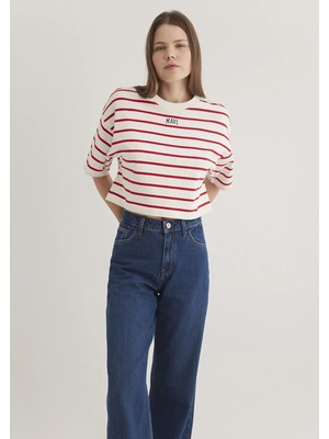 Mavi Mavi Logo Baskılı Kırmızı Çizgili Crop Tişört 1612227-86680