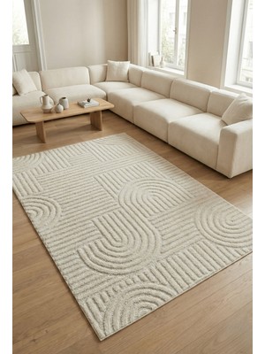 Anaska Home Modern Desen Özel Kesim Halı Salon Halısı Mutfak Halısı Yolluk Krem Kolay Temizlenebilir