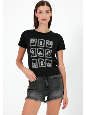 Vena Kadın Butterfly Siyah Baskılı Bisiklet Yaka Regular Fit T-Shirt