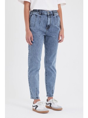Kadın Norah Med Blue Beli Lastikli Yıpratmalı Jean Pantolon