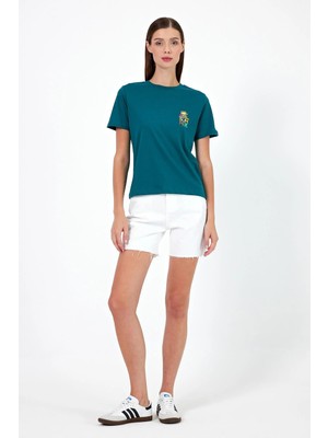Vena Kadın Summer Orman Bisiklet Yaka Yazı Baskılı T-Shirt