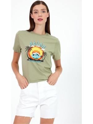 Vena Kadın Aloha Ada Çayı Baskılı Bisiklet Yaka T-Shirt