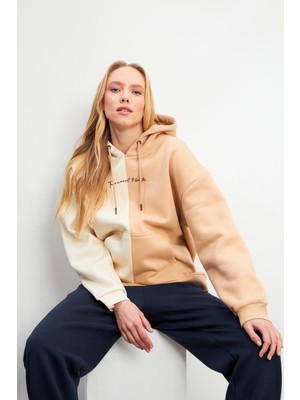 Parçalı Oversize Sweatshirt - Kemik - Bej