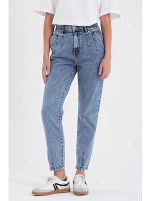 Norah Med Blue Yıpratma Detaylı Beli Lastikli Jean Pantolon - Med Blue