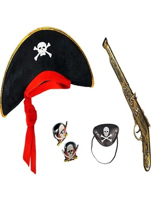 Uravas Store Korsan Şapkası +  + Maske + 2 Adet Yüzük Kostüm Seti Çuk