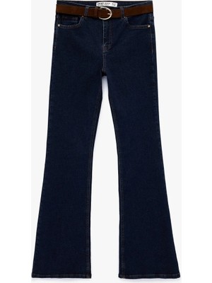 Koton Dar Kesim Kemerli Düğmeli Ispanyol Paça Denim Pantolon - Flare Jeans