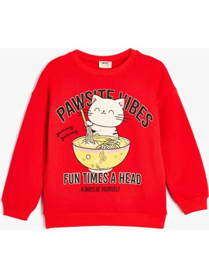 Koton Çocuk Sweatshirt Kırmızı Bisiklet Yaka Truvakar Kol Kedi Baskılı Eğlenceli Tasarım