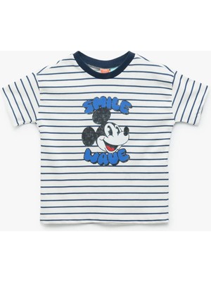 Koton Kısa Kollu Bisiklet Yaka Pamuklu Çizgili Lisanslı Mickey Mouse Tişört
