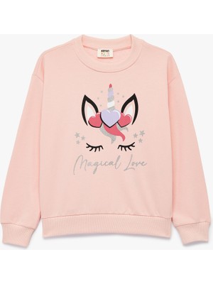 Simli Unicorn Baskılı Şardonlu Uzun Kollu Bisiklet Yaka Sweatshirt