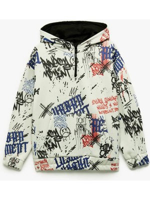 Koton Şardonlu Uzun Kollu Kapşonlu Oversize Sweatshirt Gri Erkek Çocuk Yarım Fermuarlı Tasarım