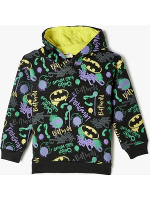 Koton Batman Kapşonlu Sweatshirt Lisanslı Uzun Kollu Erkek Çocuk Siyah Renk Eğlenceli Tasarım