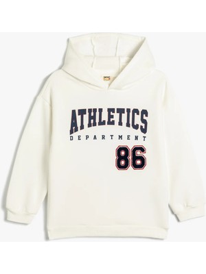 Koton Kapşonlu Oversize Erkek Çocuk Sweatshirt Ekru Renk Kolej Baskılı Pamuk Karışımlı