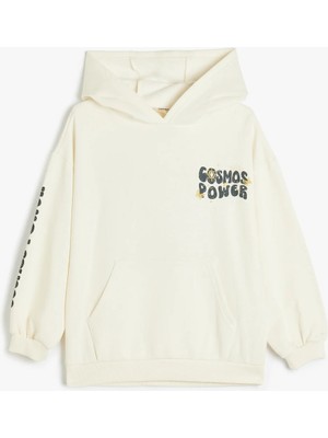 Koton Kapşonlu Sweatshirt Kız Çocuk Ekru Renk Uzun Kollu Baskılı Pamuklu Orta Kalınlık