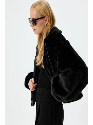 Koton Fermuarlı Crop Oversize Bomber Peluş Ceket
