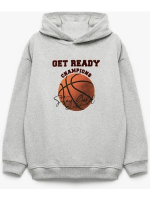 Basketbol Baskılı Şardonlu Uzun Kollu Kapşonlu Sweatshirt