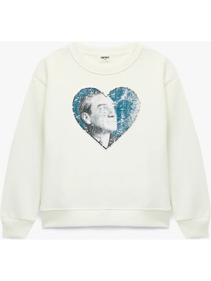 Koton Atatürk Baskılı Uzun Kollu Bisiklet Yaka Pullu Payetli Sweatshirt