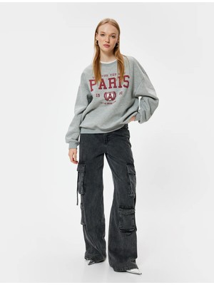Koton Oversize Sweatshirt Bisiklet Yaka Kolej Baskılı Şardonlu Ribanalı