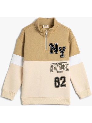 Koton Sweatshirt Dik Yaka Yarım Fermuarlı Uzun Kollu Renk Bloklu Şardonlu
