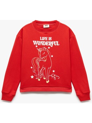 Şardonlu Uzun Kollu Bisiklet Yaka Pamuklu Unicorn Baskılı Sweatshirt