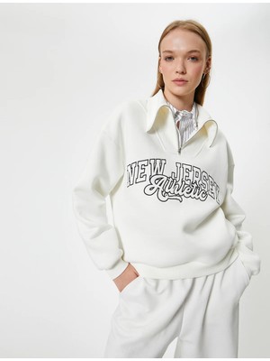 Koton Kolej Sweatshirt Baskılı Yarım Fermuarlı Relax Fit Işlemeli Ribanalı