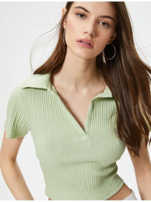 Koton Polo Yaka Crop Tişört Kısa Kollu Ribanalı Pamuklu