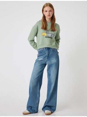 Koton Oversize Crop Sweatshirt Kapüşonlu Kedi Baskılı