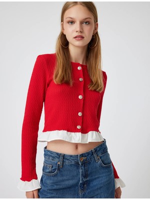 Koton Crop Hırka Düğmeli Fırfır Detaylı Bisiklet Yaka Slim Fit