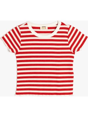 Koton Kısa Kollu Bisiklet Yaka Çizgili Crop Tişört