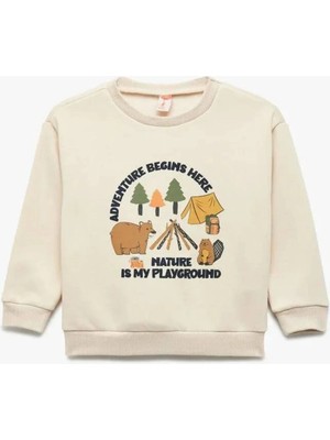 Uzun Kollu Şardonlu Bisiklet Yaka Baskılı Sweatshirt