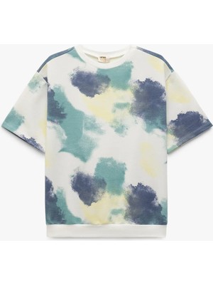 Koton Desenli Kısa Kollu Bisiklet Yaka Sweatshirt
