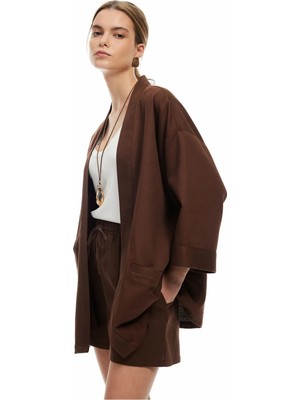 Koton Pamuklu Cepli 3/4 Geniş Kol Oversize Kimono