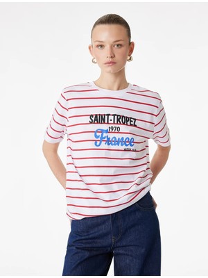 Koton  Pamuklu Kısa Kollu Bisiklet Yaka Saint-Tropez Baskılı Çizgili Tişört