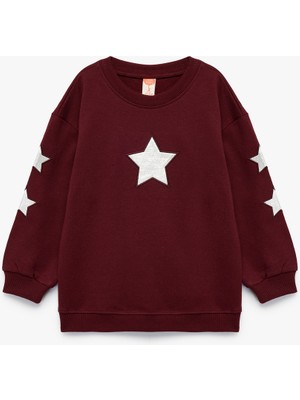 Pamuklu Bisiklet Yaka Şardonlu Pullu Yıldız Işlemeli Sweatshirt