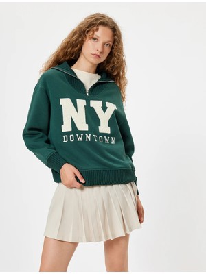 Koton Yarım Fermuarlı Sweatshirt Oversize Kolej Baskılı