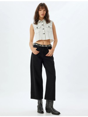 Koton Geniş Paça Crop Kot Pantolon Düğmeli Rahat Kalıp Standart Bel - Wide Crop Leg Jean